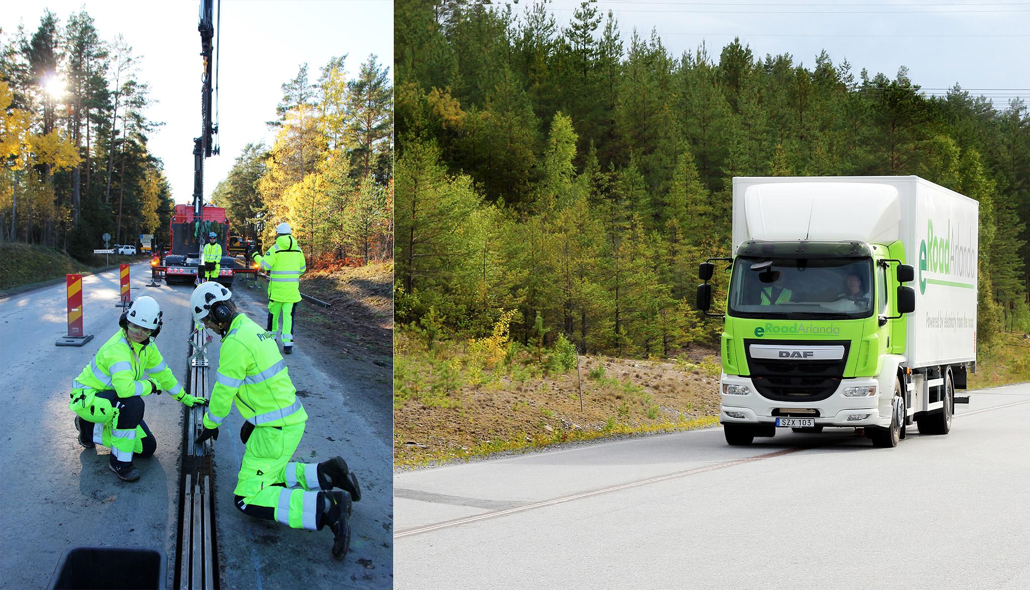 Left: workers installing a rail in a road. Right: An electric lorry driving on the rail. Electrification is one way towards a greener future.