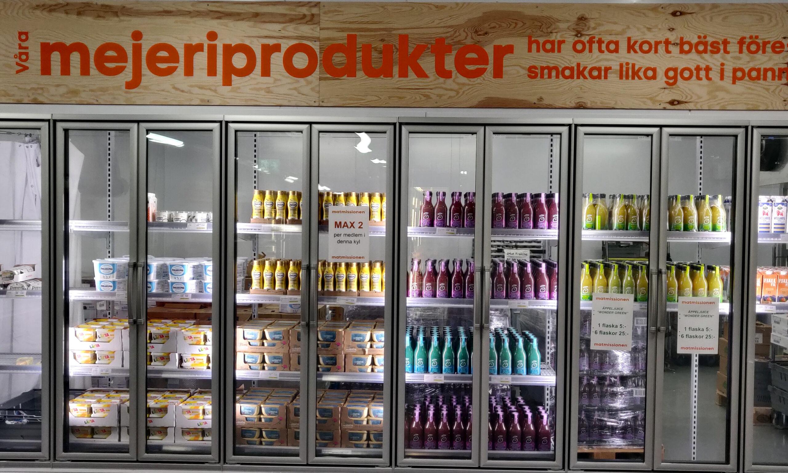 A dairy fridge in the Matmissionen supermarket.