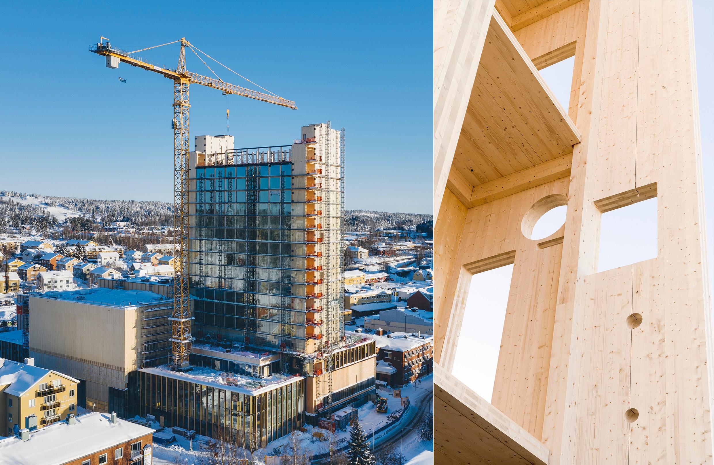 Sara Cultural Centre under construction. One photo with a towering building and a crane, one close-up of wooden walls. Building in wood is one way towards a greener future.