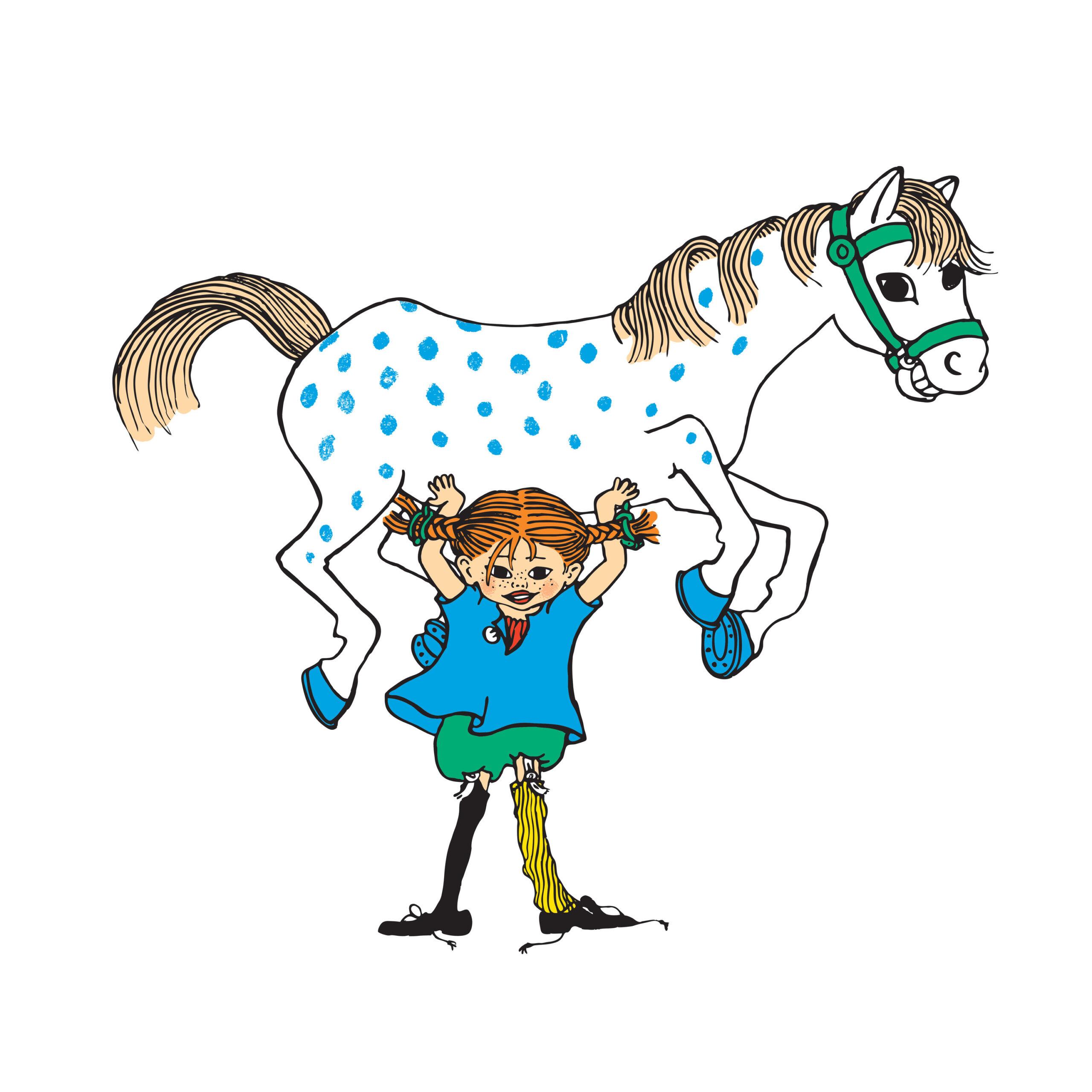 Illustration of Pippi Longstocking lifting a horse.