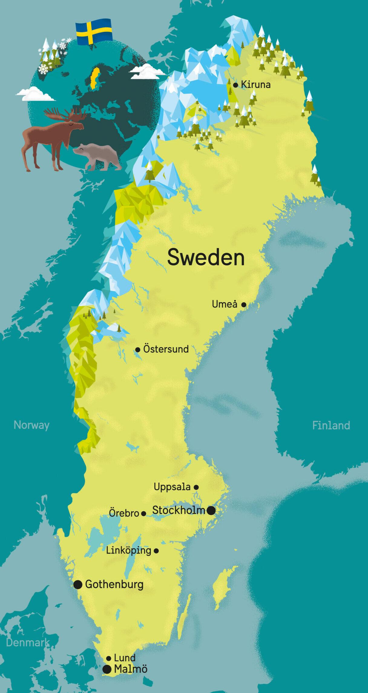 A map of Sweden with ten key cities marked out.