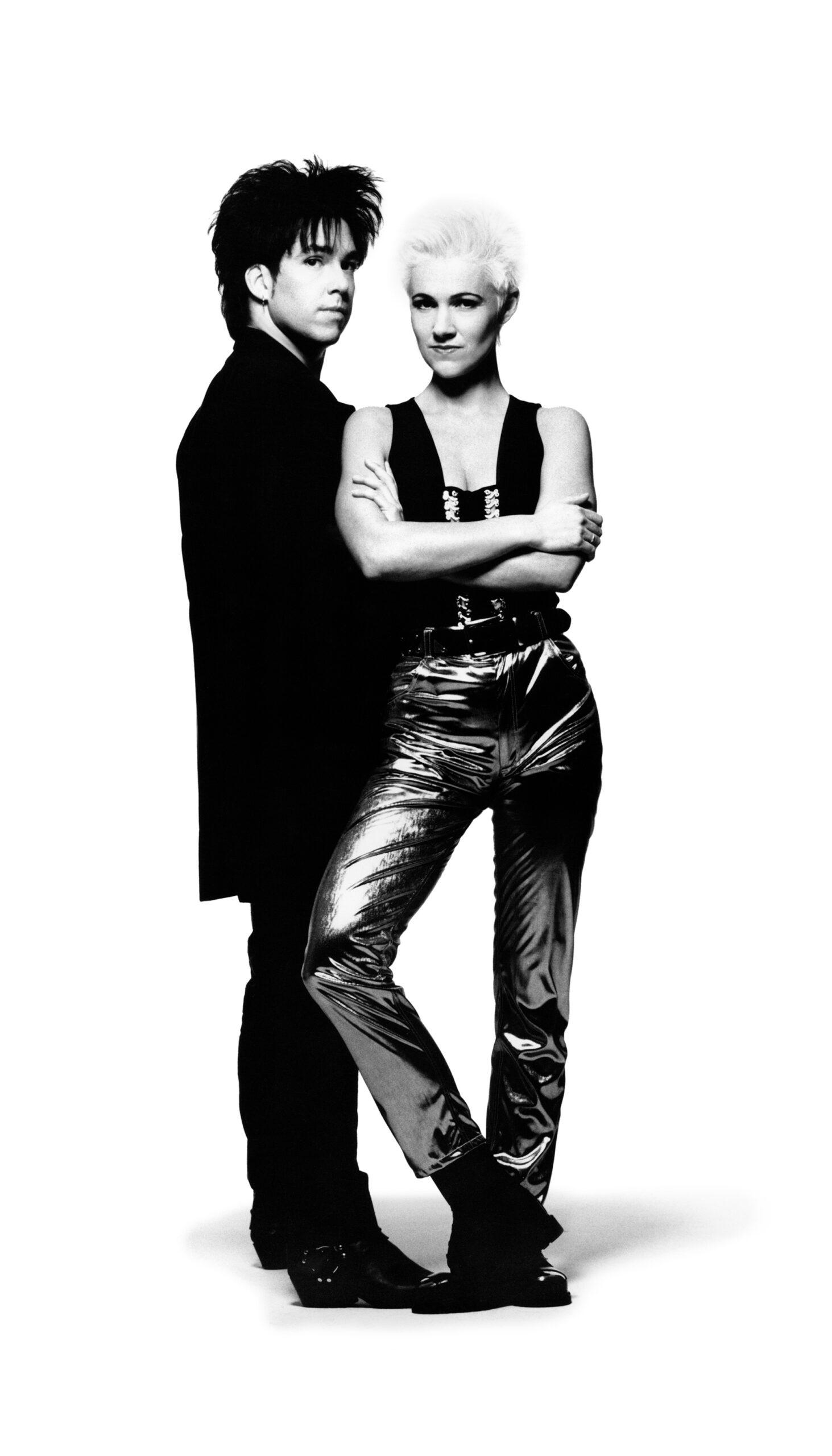Black-and-white photo of the band Roxette, with Per Gessle to the left and Marie Fredriksson to the right. Roxette helped put Swedish music on the world map. 