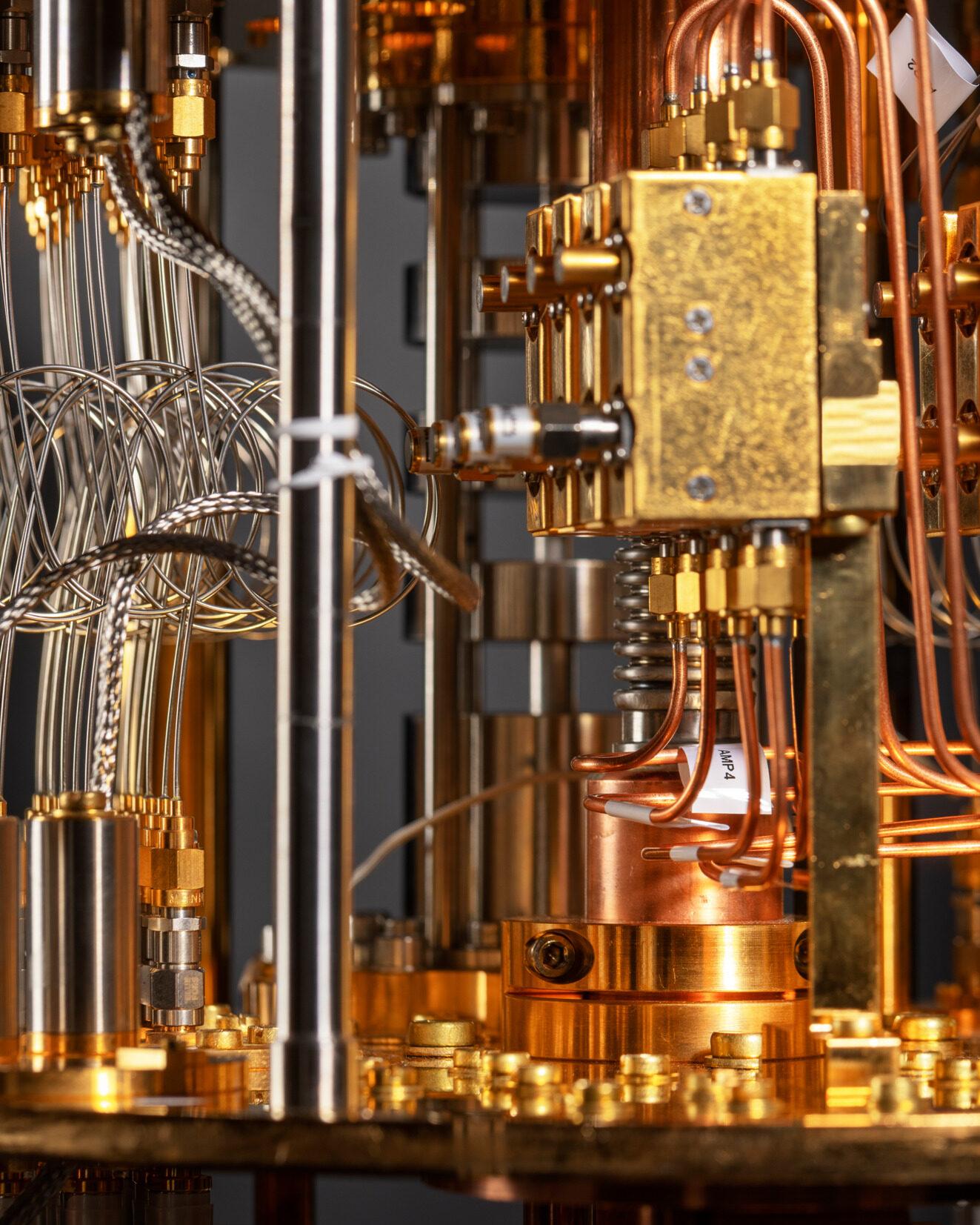 Close-up of a cooling system for a quantum computer.