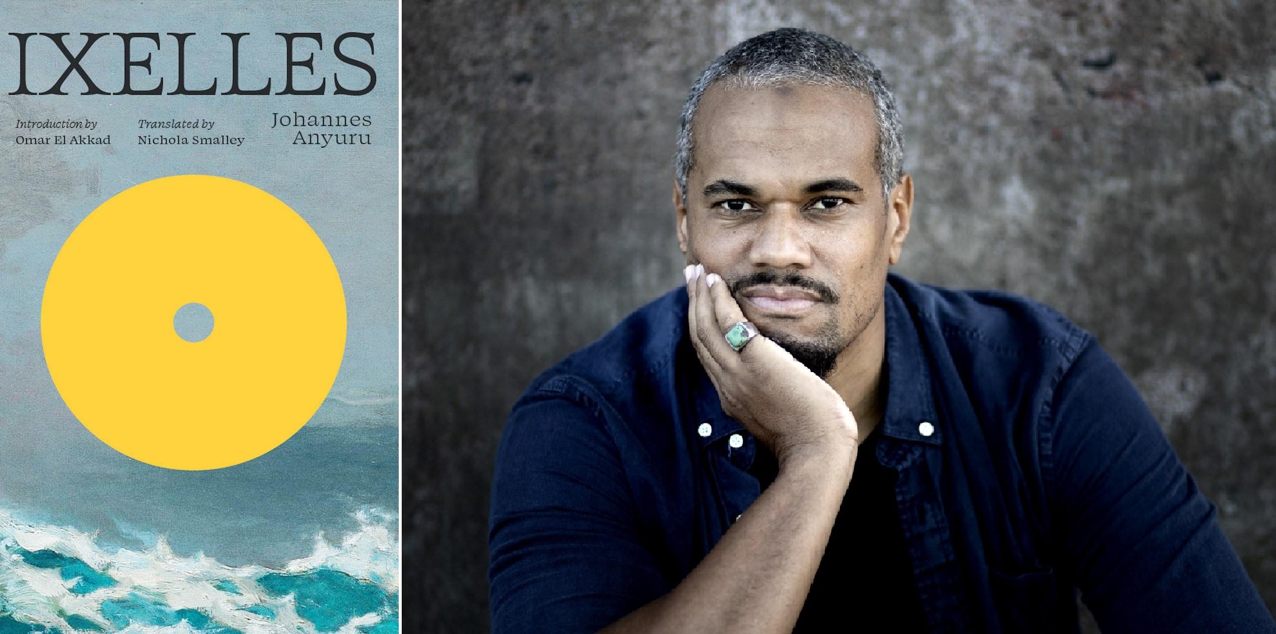 Left: book cover of Ixelles by Johannes Anyuru; right: portrait of Johannes Anyuru.