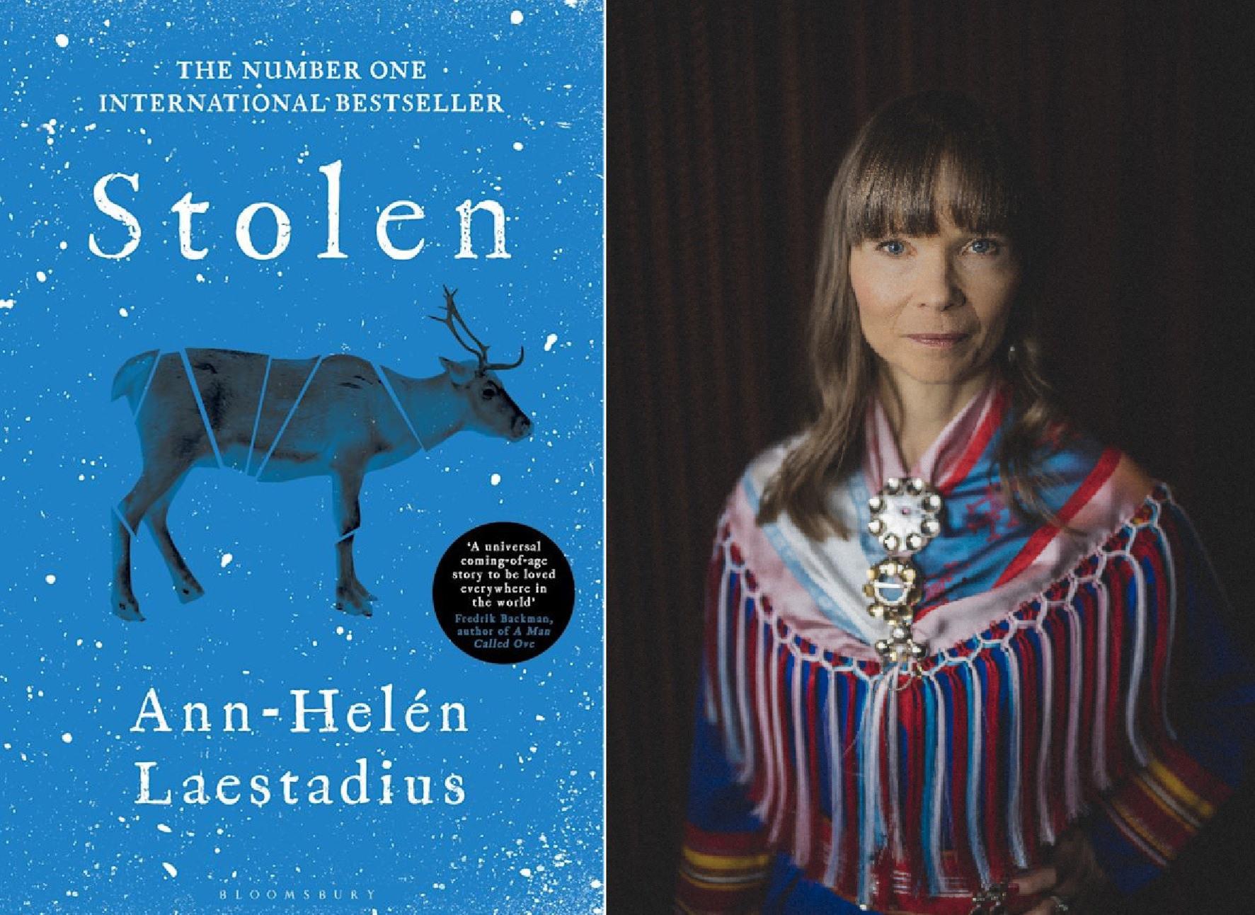 Left: cover of Stolen by Ann-Helén Laestadius; right: portrait of Ann-Helén Laestadius.