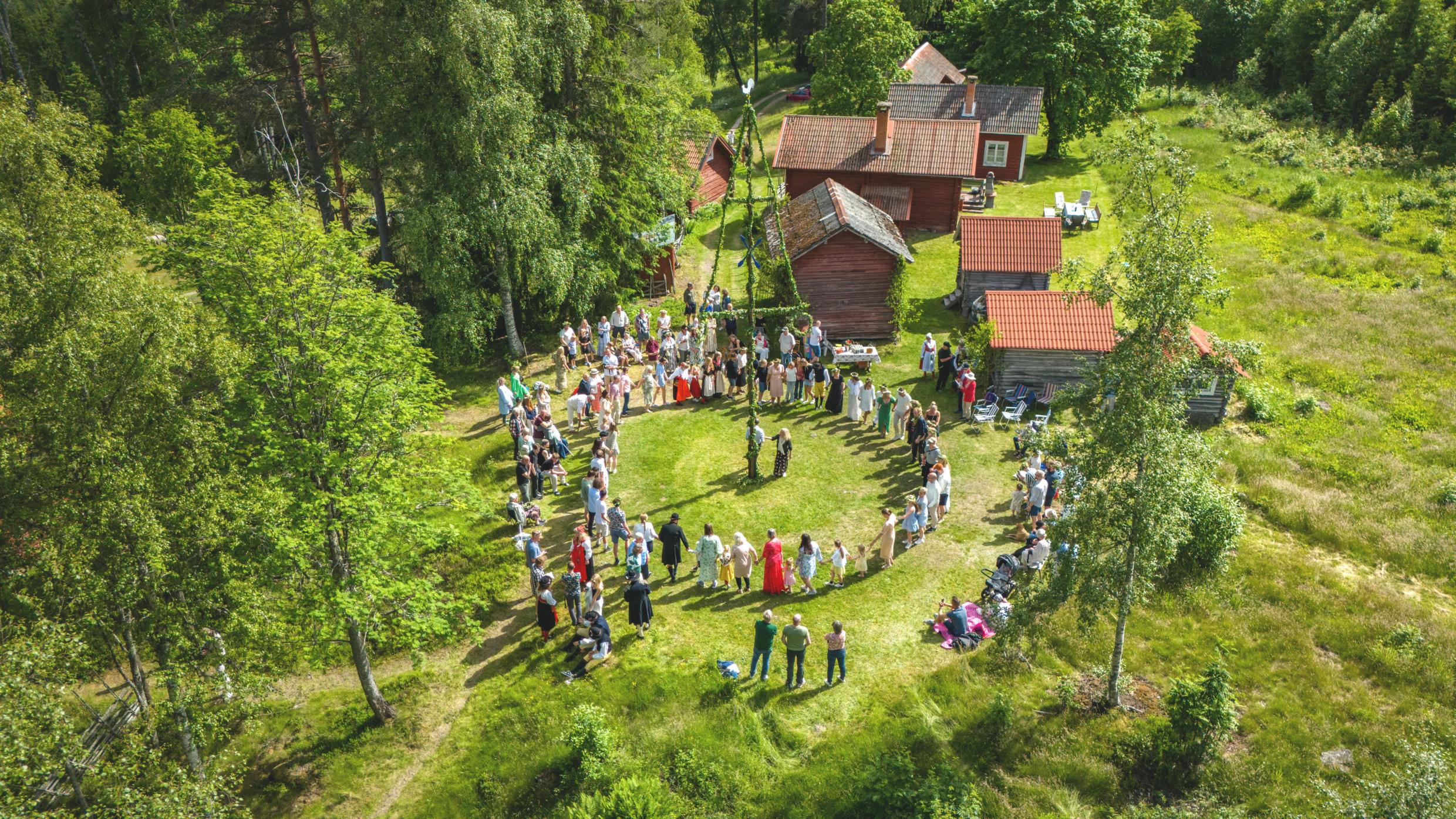 Aerial view of people dancing around a pole covered with greenery.